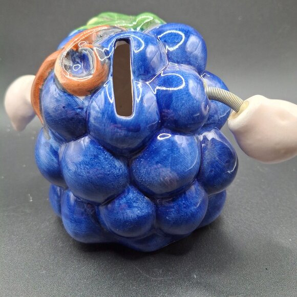 Vintage Ceramic Blue Grape-Shaped Coin Bank With Leaf Accent & Flexible Arms - Picture 3 of 5